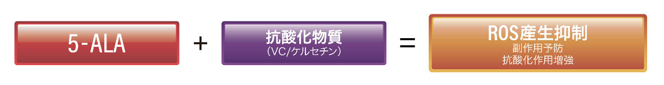 5-ALA + 抗酸化物質 = ROS産生抑制（副作用予防・抗酸化作用増強）